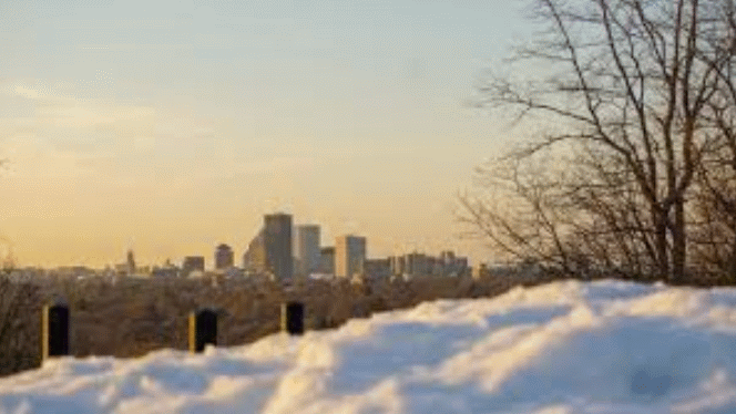 Cobbs Hill Winter Sunset View of Rochester NY Downtown
