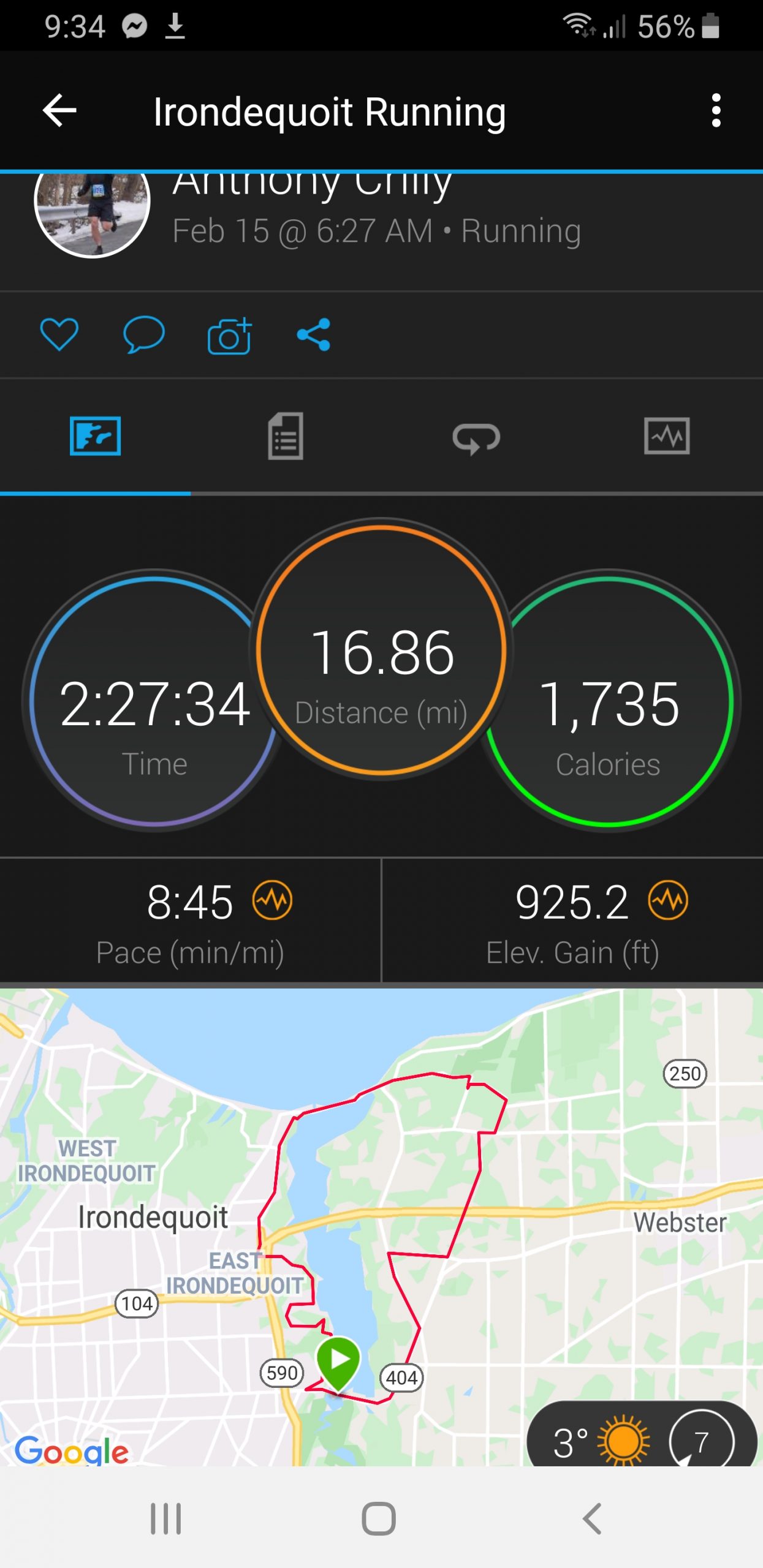 Run in 3° temps. around Irondequoit Bay February 15, 2020 in Rochester, NY