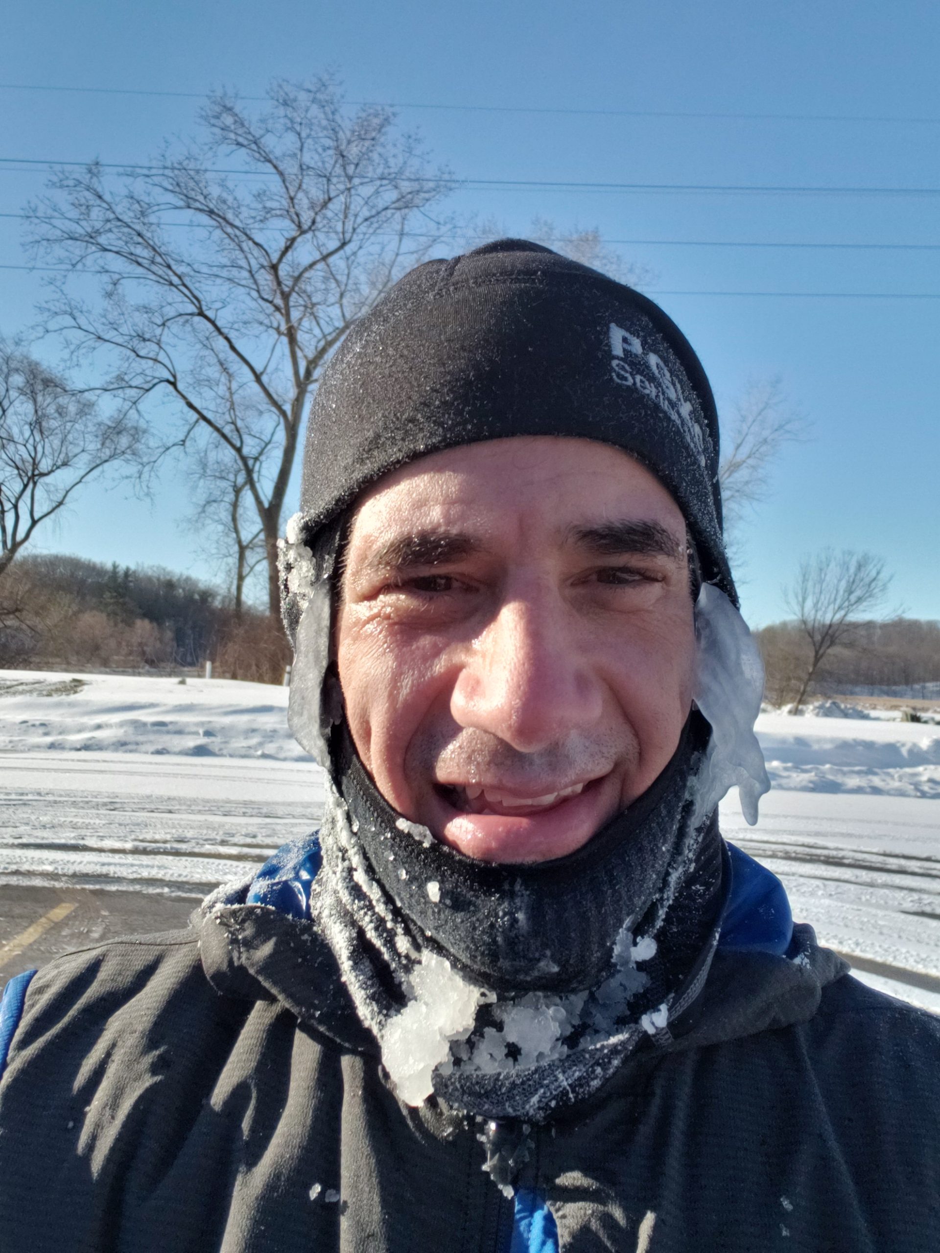 Sweat-cicles after 17 mile run around Irondequoit Bay in 3° temperatures